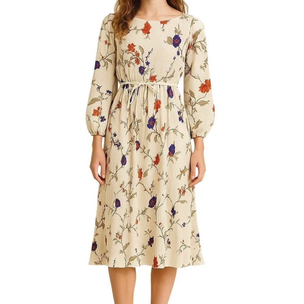 Vintage 70s Liz Roberts Floral Midi Dress Prairie Cottagecore Boho L/S Size 7/8